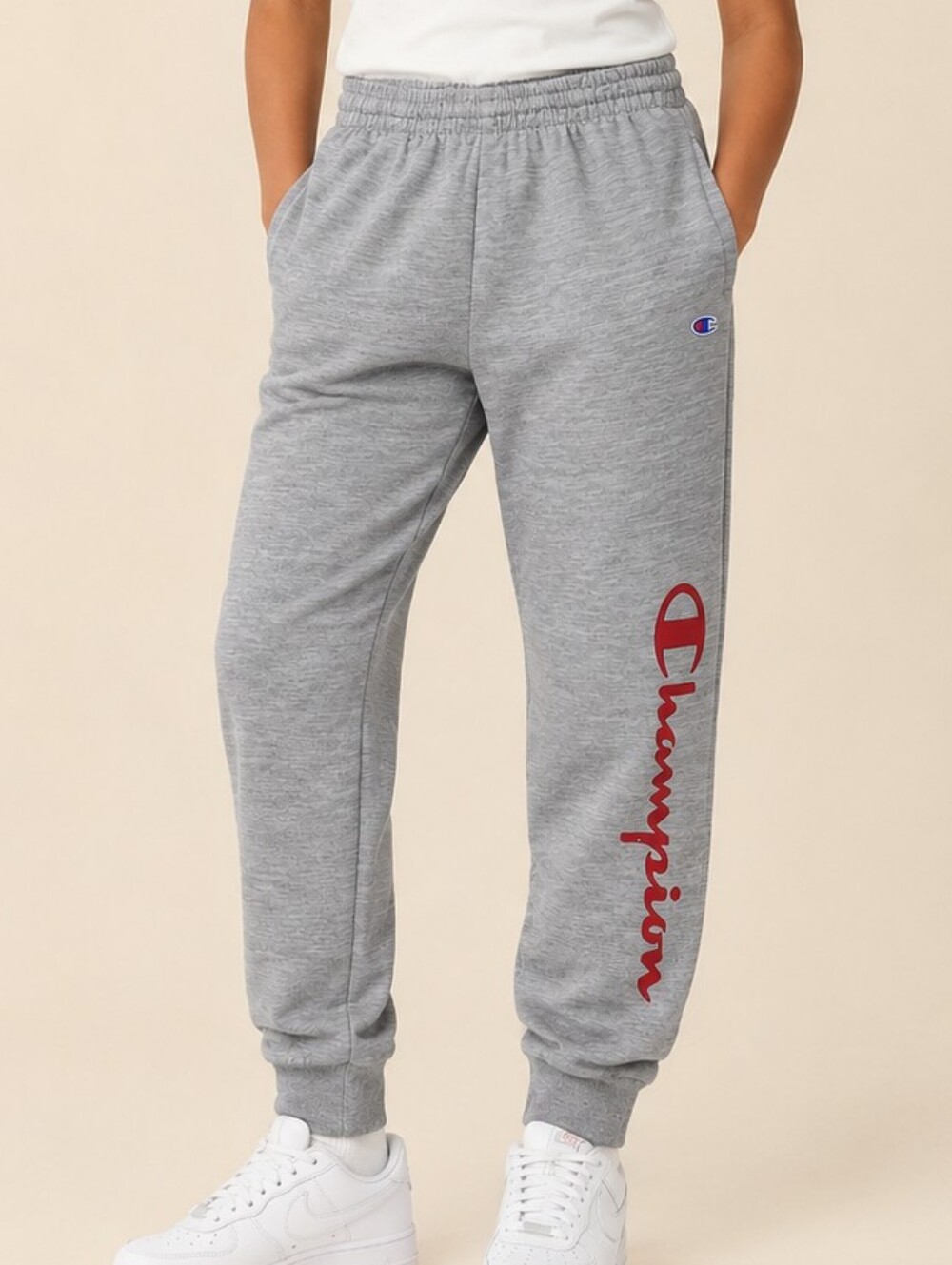 Champion Kids Gray Joggers Sweatpants Red Script Logo Unisex Youth Medium 10-12